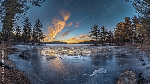 Foto Frozen lake at sunset with colorful clouds and pine trees reflected in the ice