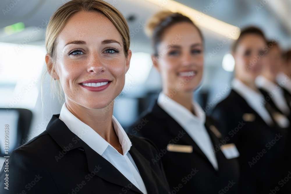 A charismatic flight crew smiles confidently at passengers in a luxury aircraft, embodying professionalism and charm while preparing for a premium travel experience. A charismatic flight crew smiles confidently at passengers in a luxury aircraft, embodying professionalism and charm while preparing for a premium travel experience.