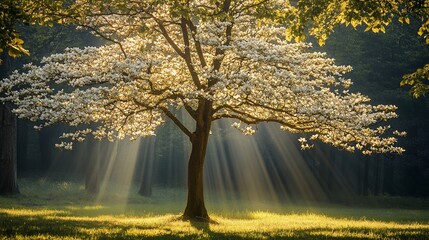 Papier peint photo Établissements de soins Arbre fleuri illuminé en clairière forestière  © BerkahStock