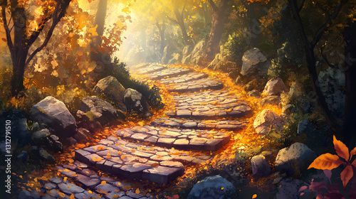 Enchanting Autumn Path Sunlit Stone Steps Through Golden Forest