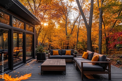 Modern patio furniture on a deck overlooking autumn forest.