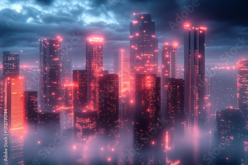Wallpaper Mural City skyline illuminated by red lights under cloudy sky at night creates a futuristic atmosphere Torontodigital.ca