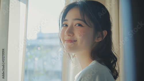 East Asian Woman in Her Late 20s Smiling Gently While Standing by a Window with Natural Sunlight Streaming In Free Download East Asian Woman in Her Late 20s Smiling Gently While Standing by a Window with Natural Sunlight Streaming In - GFXLoad