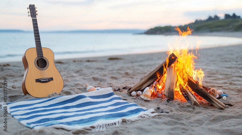 Fototapeta premium Acoustic Guitar Bonfire Beach Sunset Relaxation Travel Music