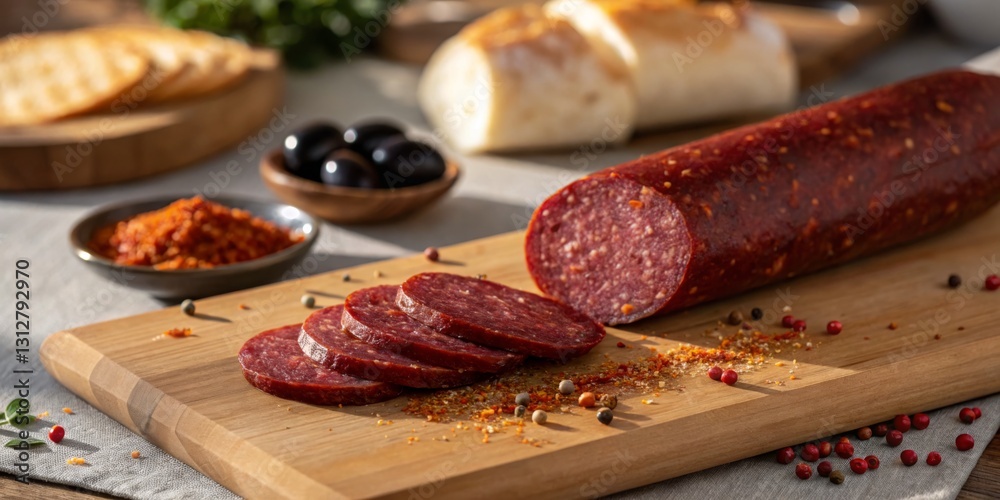 Gourmet cured sausage on wooden cutting board with olives and bread in a rustic kitchen setting
