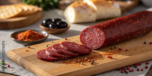 Obraz na płótnie Gourmet cured sausage on wooden cutting board with olives and bread in a rustic kitchen setting w salonie