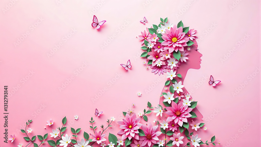 Fototapeta premium Silhouette of a woman's head and shoulders formed by pink and white paper flowers and leaves, with delicate butterflies scattered on a pastel pink background for a spring design.