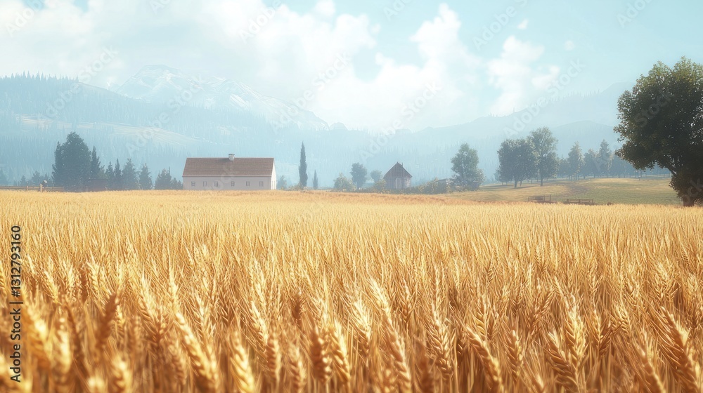 Obraz premium Golden wheat field, farmhouse, mountains.
