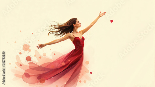 Stylized painting of a woman in a flowing red dress with arms outstretched as petals fall around her, creating an ethereal and graceful watercolor-inspired illustration.