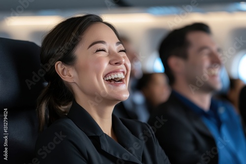 A joyful woman bursts into laughter alongside fellow passengers on a flight, encapsulating a sense of shared happiness and connection in the exhilarating environment of air travel.