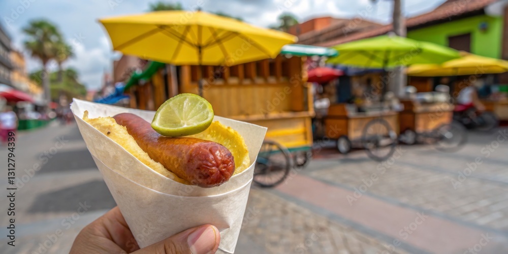 Enjoying a delicious hot dog with lime on a vibrant street in Mexico during a sunny afternoon