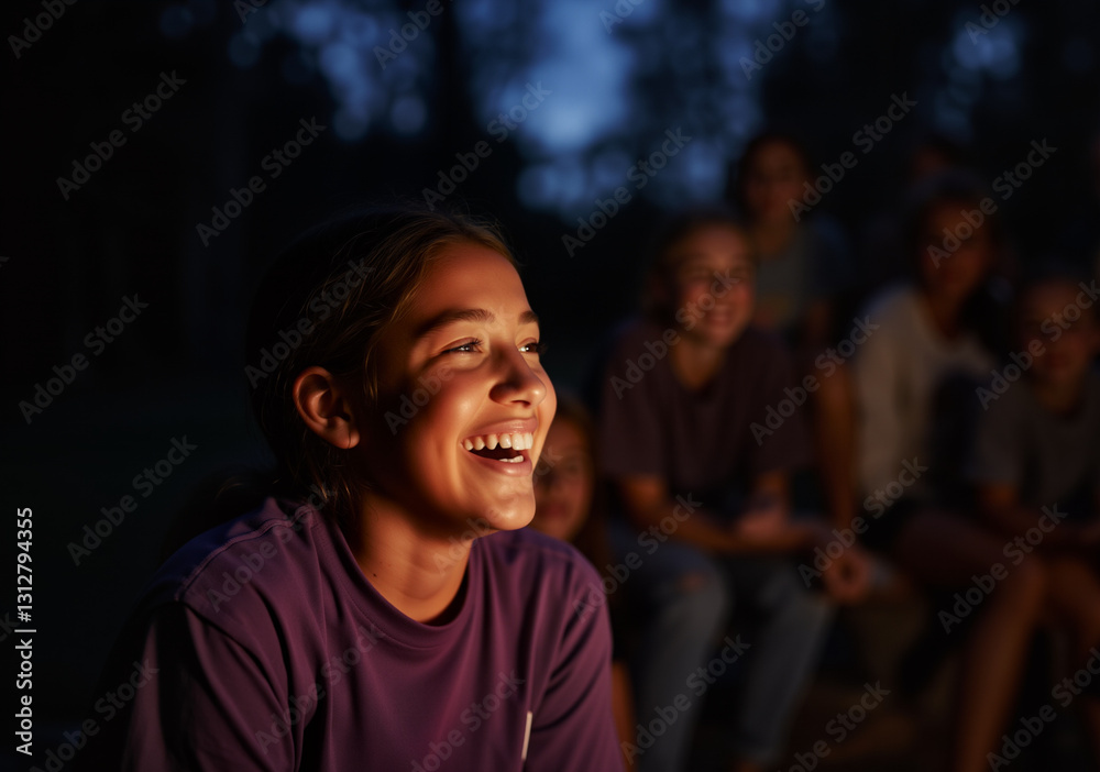 Girl laughing while sitting with friends around campfire at summer camp Girl laughing while sitting with friends around campfire at summer camp
