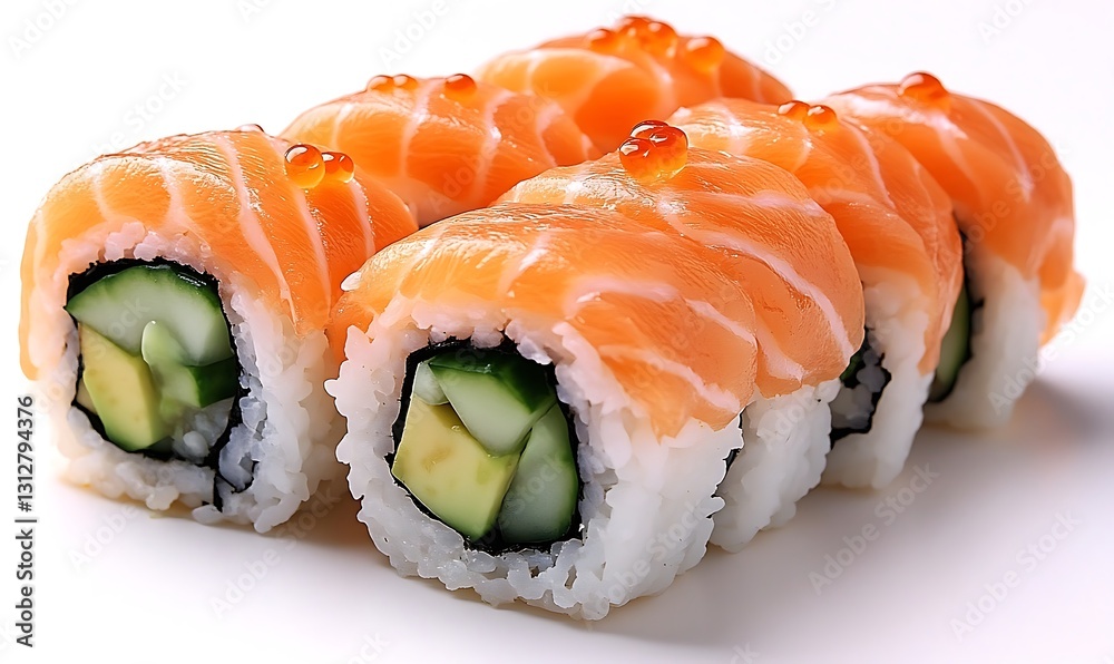 Close-Up of Salmon Sushi Rolls with Avocado and Cucumber Close-Up of Salmon Sushi Rolls with Avocado and Cucumber