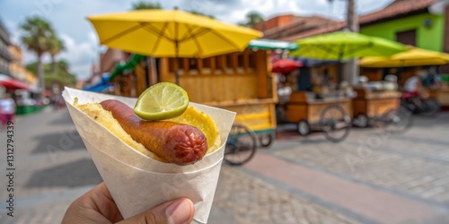 Obraz na płótnie Enjoying a delicious hot dog with lime on a vibrant street in Mexico during a sunny afternoon w salonie