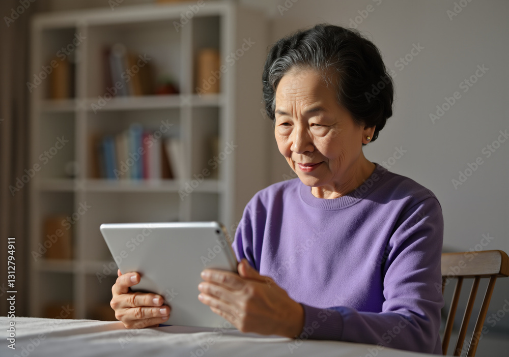 Elderly woman enjoying using digital tablet at home, browsing internet or reading e book Elderly woman enjoying using digital tablet at home, browsing internet or reading e book
