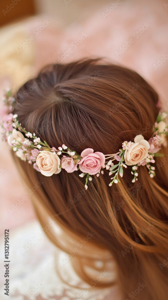 Naklejka premium Woman with brown hair, donning pink and white rose floral crown with delicate white blossoms