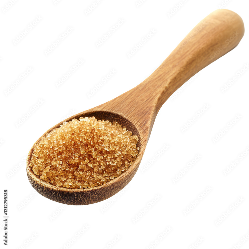 Brown sugar in a wooden spoon against a clean transparent background highlighting its texture and natural color, Brown sugar in wooden spoon on transparent background Brown sugar in a wooden spoon against a clean transparent background highlighting its texture and natural color, Brown sugar in wooden spoon on transparent background