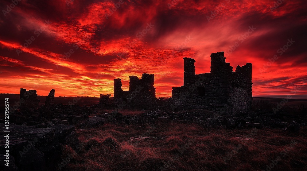 Obraz premium Fiery sunset casts dramatic red light on ancient stone ruins.