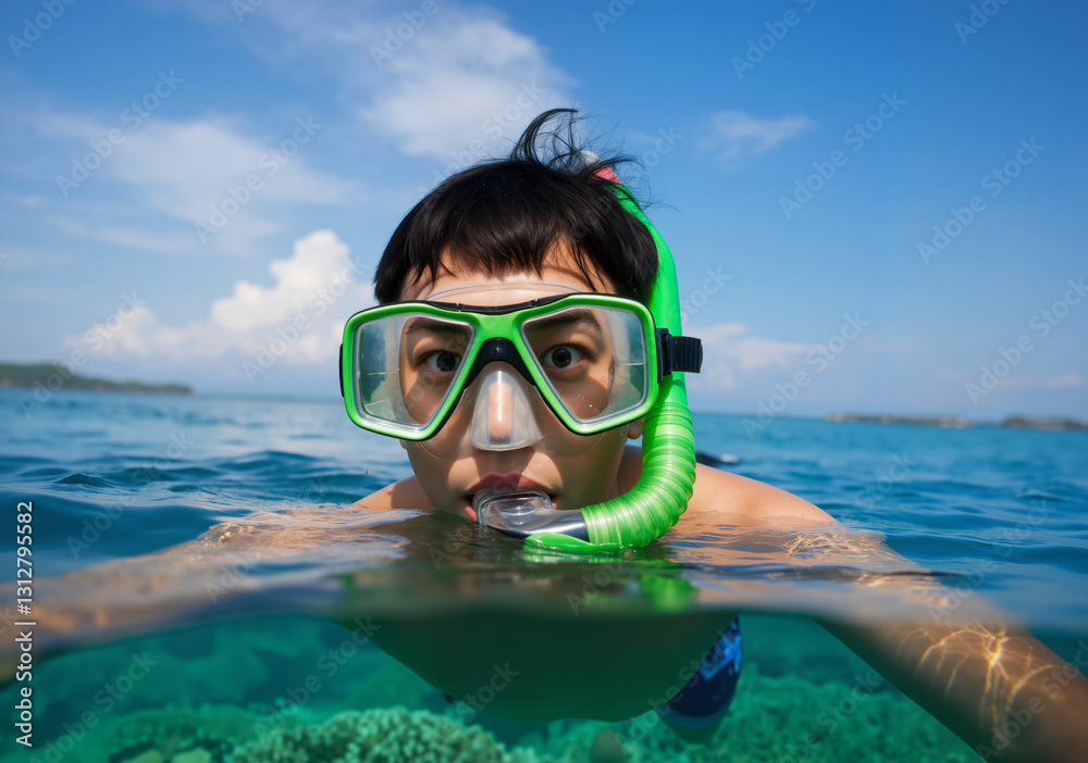 Fototapeta premium Asian boy snorkeling in tropical ocean exploring underwater coral reefs