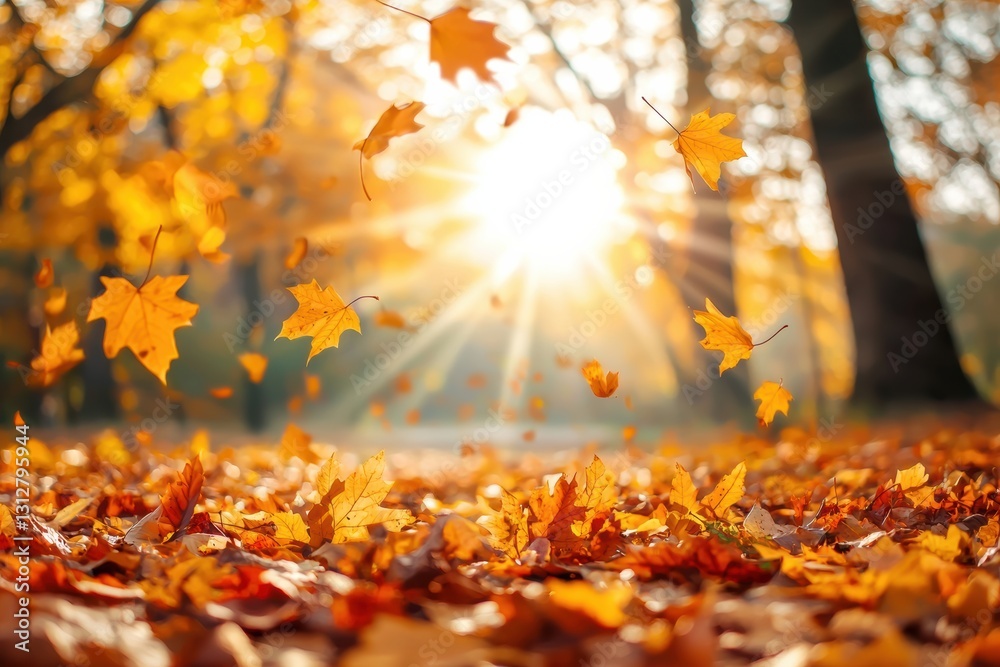 Colorful autumn leaves drifting gracefully to the ground under warm sunlight, creating a vibrant scene in a picturesque park landscape Colorful autumn leaves drifting gracefully to the ground under warm sunlight, creating a vibrant scene in a picturesque park landscape