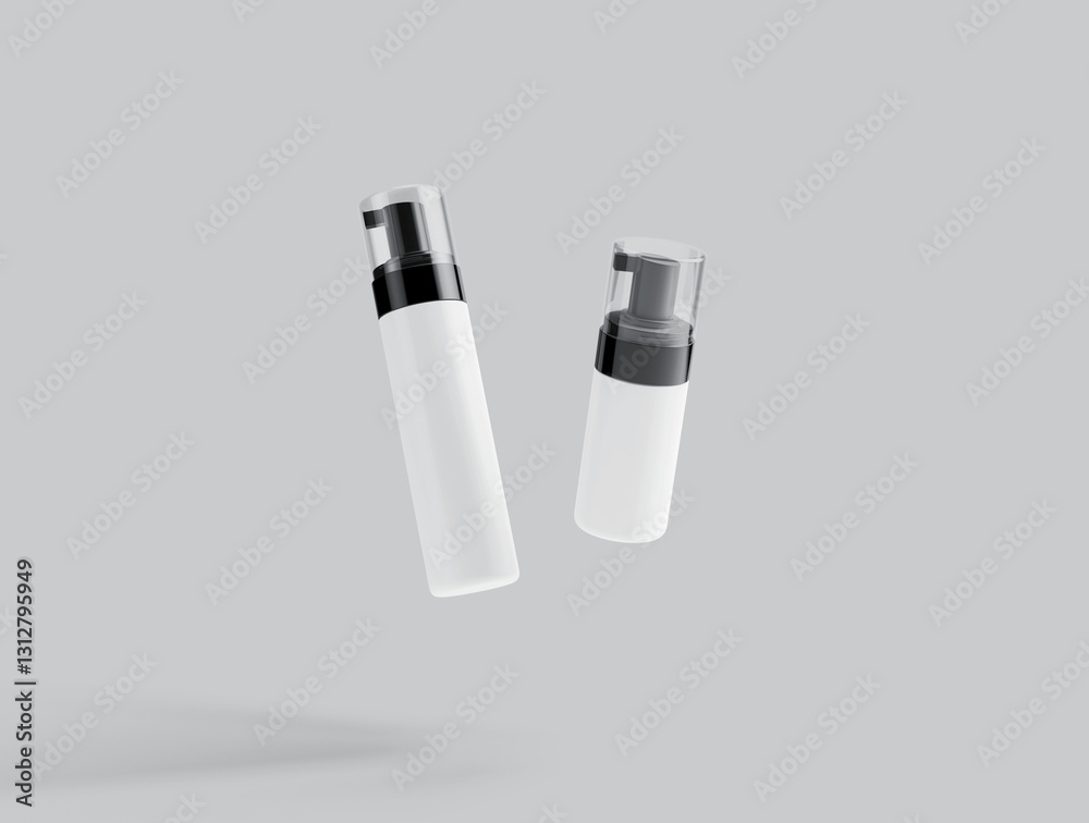 Minimalist White Foam Pump Bottle Mockup on Gray Background Minimalist White Foam Pump Bottle Mockup on Gray Background