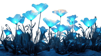 Glowing blue flowers blooming in the dark with transparent background
