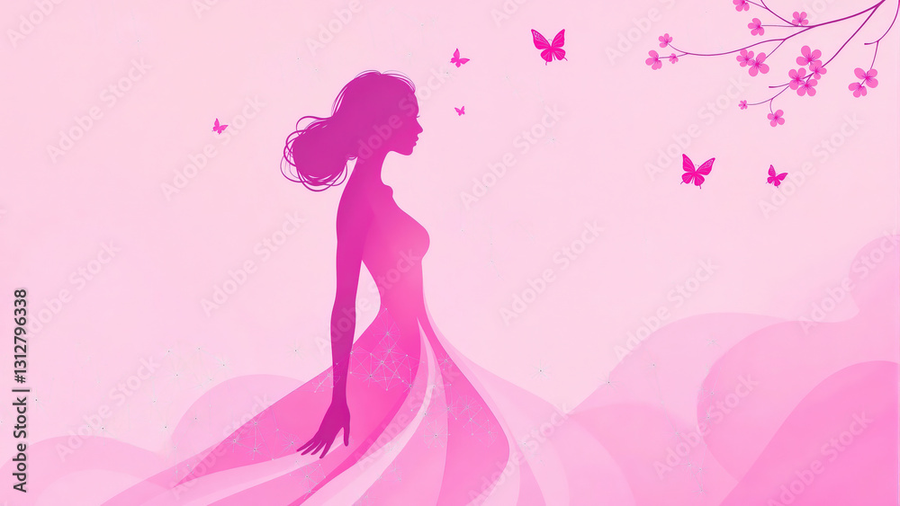 Gradient Pink Silhouette of a Woman in a Flowing Dress with Butterflies. Gradient Pink Silhouette of a Woman in a Flowing Dress with Butterflies.