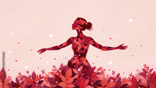 Silhouette of a Woman with Red and Pink Foliage on a Light Pink Background.