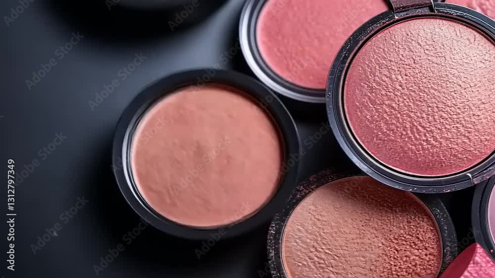 Close-up shot of assorted blush palettes with different shades of pink and coral, showcasing their textures and colors against a dark background. Perfect for beauty blogs, makeup tutorials,
