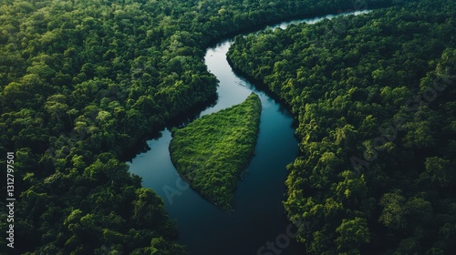 A breathtaking drone view of a lush, green Amazonian jungle landscape, featuring dense trees and a winding river. photo