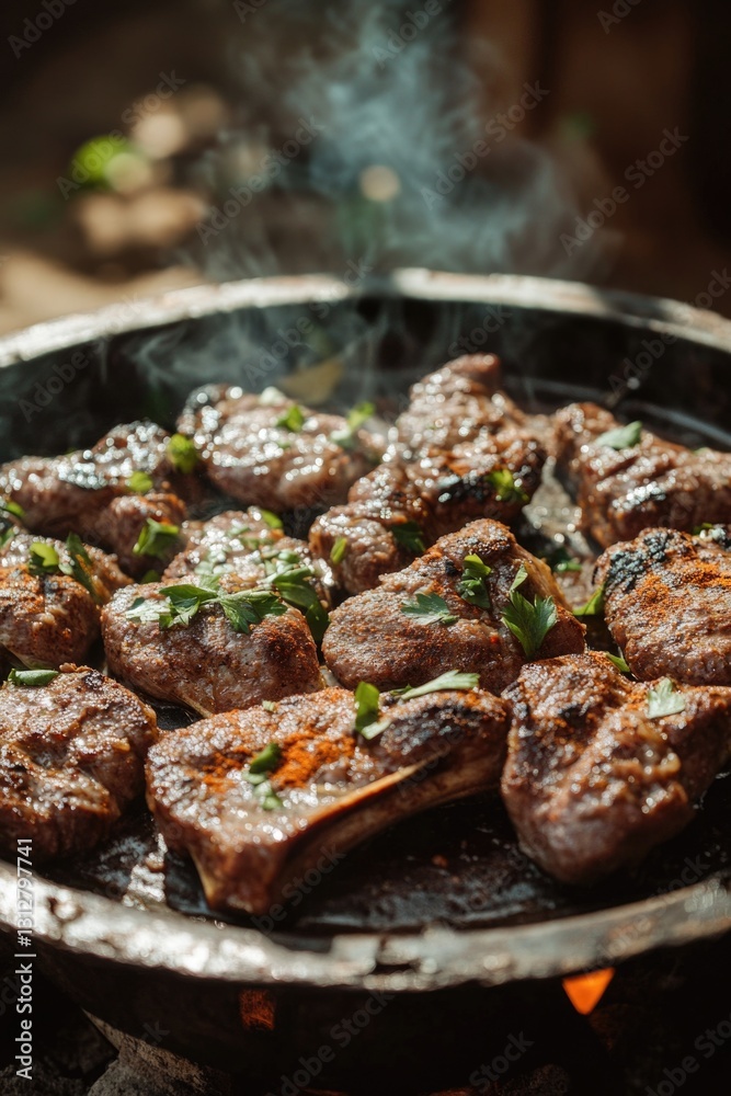Meat grilling on skewers, seasoned with herbs and spices, served over a bed of flame and smoke. Meat grilling on skewers, seasoned with herbs and spices, served over a bed of flame and smoke.