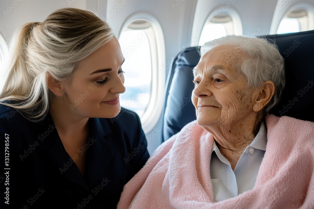 Fototapeta premium A compassionate flight attendant shares a warm smile with an elderly passenger, showcasing the kindness and human connection experienced during air travel.