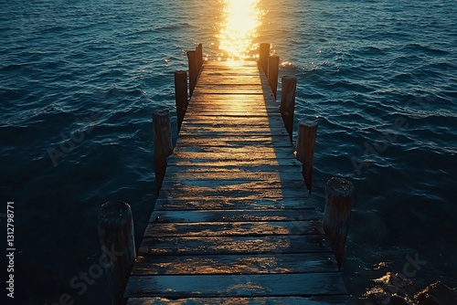 Sunlit wooden pier extending into calm ocean water at sunset.