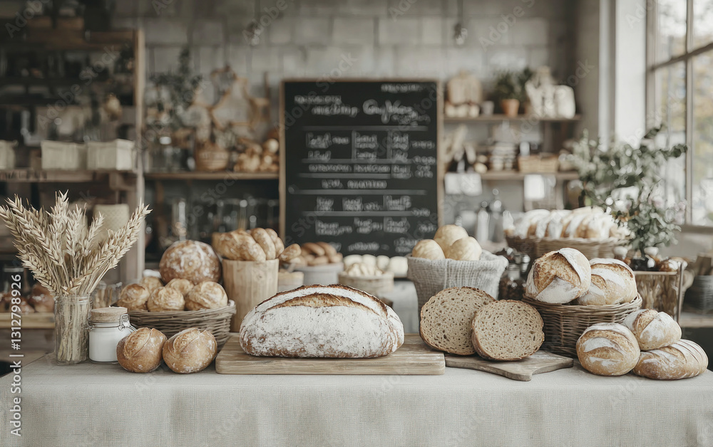 Fototapeta premium Artisan Bread and Pastries Display in Rustic Bakery