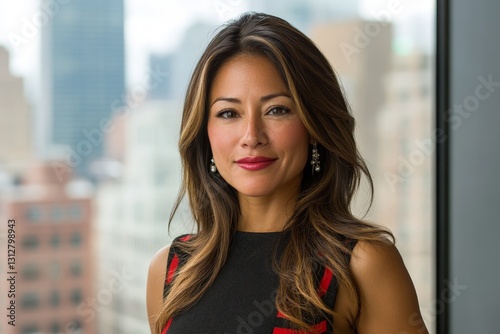 Confident business professional poses in a modern office setting with city skyline background during daytime Free Download Confident business professional poses in a modern office setting with city skyline background during daytime - GFXLoad