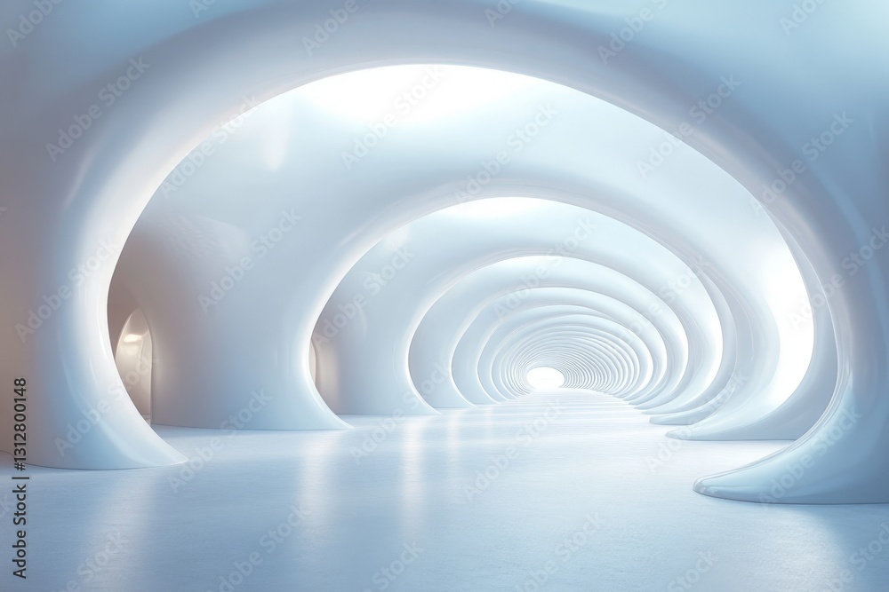 Obraz premium Futuristic indoor corridor with smooth, flowing lines and soft lighting creates a calm atmosphere for exploration