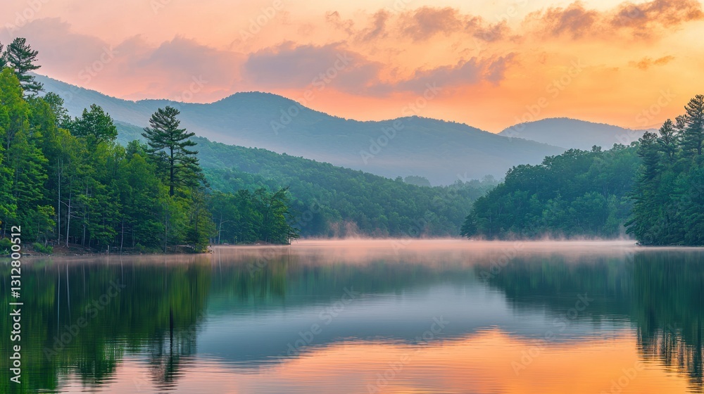 Fototapeta premium Serene sunrise over misty lake reflecting mountains.