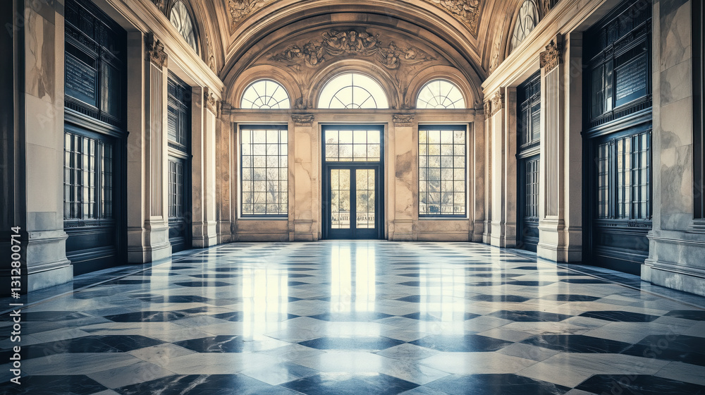 Elegant Marble Hall with Polished Floors, Intricate Stone Carvings, and Large Windows Opening to Outdoors, Providing a Timeless Backdrop for Text, copy space Elegant Marble Hall with Polished Floors, Intricate Stone Carvings, and Large Windows Opening to Outdoors, Providing a Timeless Backdrop for Text, copy space