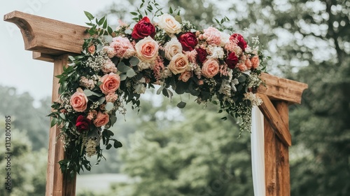 A boho rustic wedding ceremony arch adorned with lush flowers and greenery, creating a romantic and natural backdrop. photo