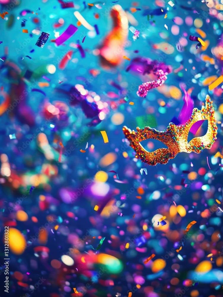 Fototapeta premium A celebratory atmosphere with confetti and a mask in the foreground.