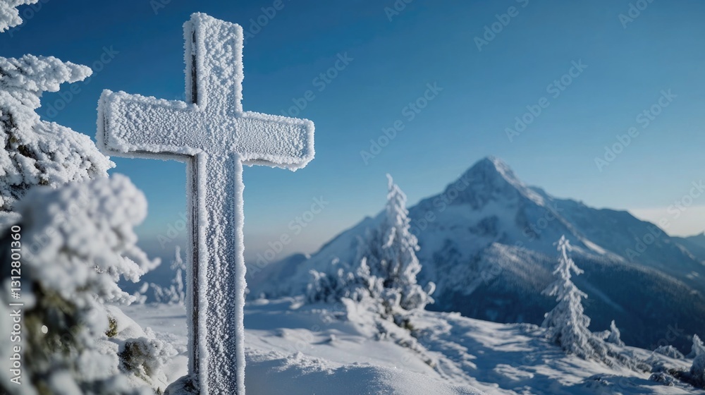 A frost-covered cross in a snowy mountain landscape. A frost-covered cross in a snowy mountain landscape.
