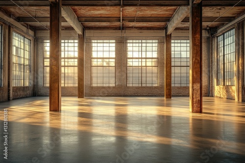 Spacious industrial interior bathed in warm sunlight during late afternoon