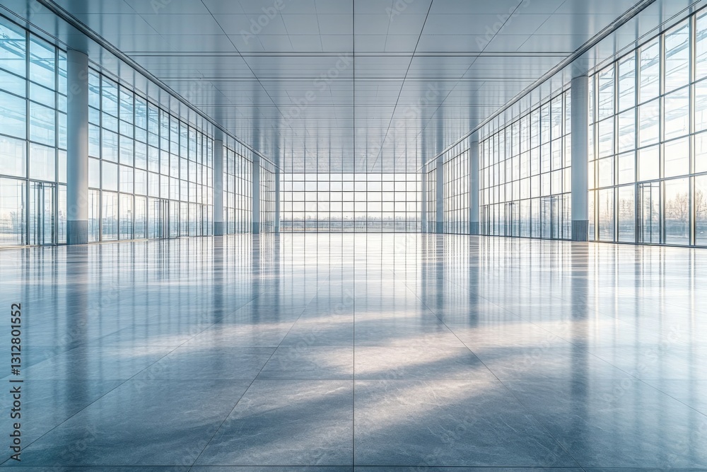 Modern spacious interior with large glass windows showcasing natural light and reflections at sunset Modern spacious interior with large glass windows showcasing natural light and reflections at sunset