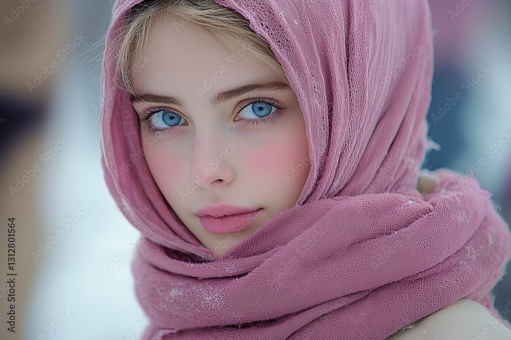 Stunning Close-up Portrait of a Young Blonde Woman in a Pink Scarf. Captivating Eyes and Delicate Features. Winter Fashion Photography Stunning Close-up Portrait of a Young Blonde Woman in a Pink Scarf. Captivating Eyes and Delicate Features. Winter Fashion Photography