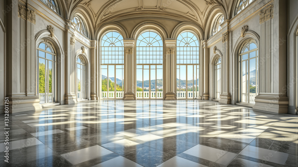 Elegant Marble Hall with Polished Floors, Intricate Stone Carvings, and Large Windows Opening to Outdoors, Providing a Timeless Backdrop for Text, copy space Elegant Marble Hall with Polished Floors, Intricate Stone Carvings, and Large Windows Opening to Outdoors, Providing a Timeless Backdrop for Text, copy space