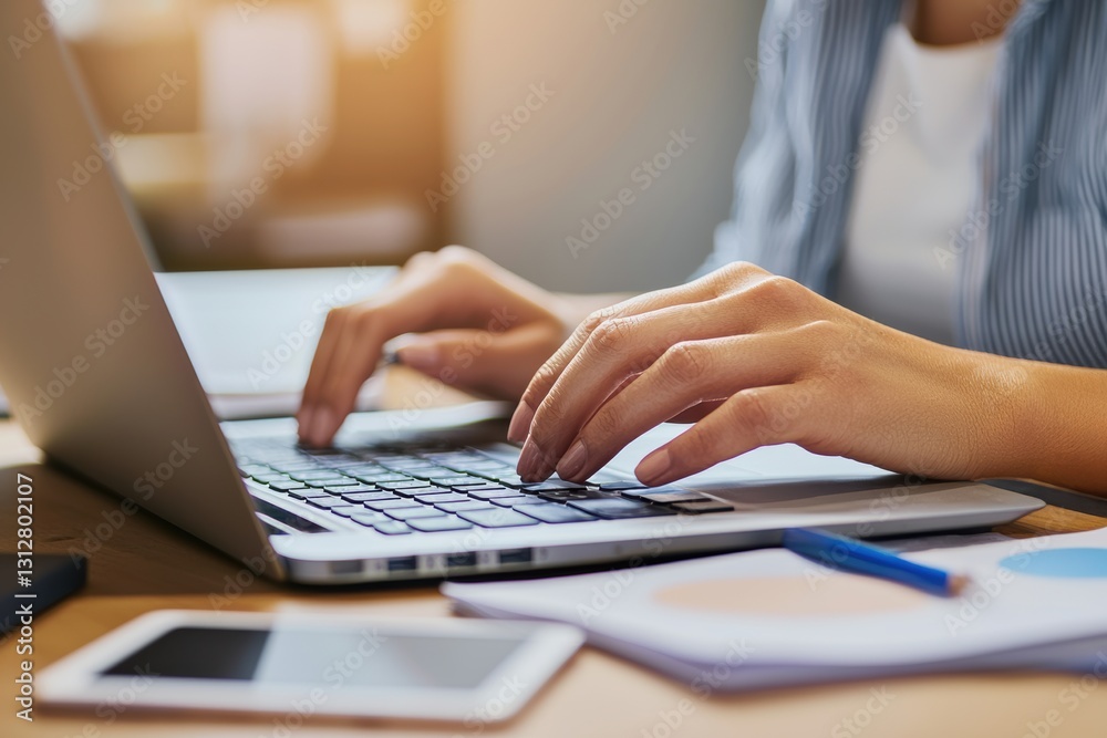 Close-up of female hands working on laptop keyboard, surrounded by business documents and a smartphone, highlighting remote work and productivity Close-up of female hands working on laptop keyboard, surrounded by business documents and a smartphone, highlighting remote work and productivity