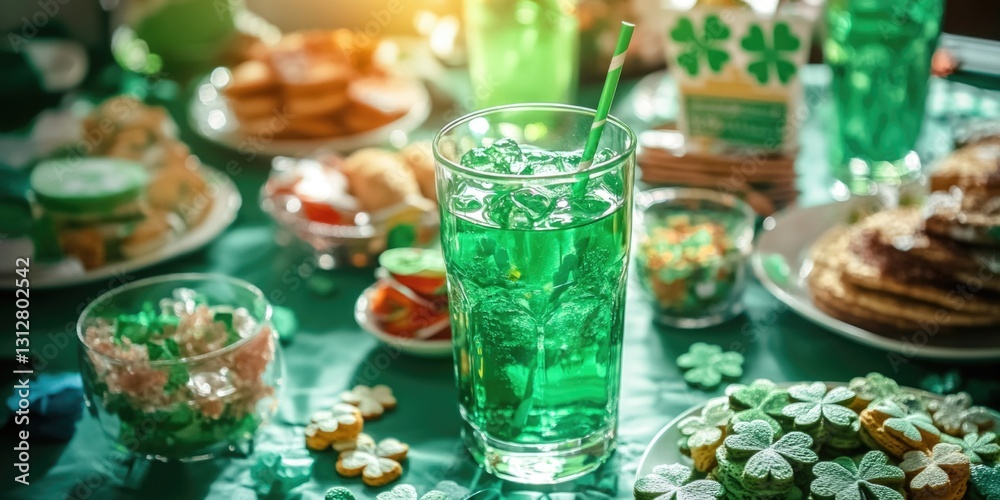 A table set with Irish food and beverages for a St. Patrick's Day party. A table set with Irish food and beverages for a St. Patrick's Day party.