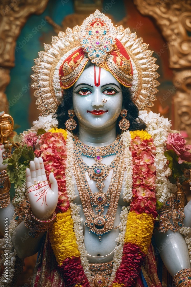 Fototapeta premium The deity is adorned with flower garlands and beads, reflecting religious reverence.