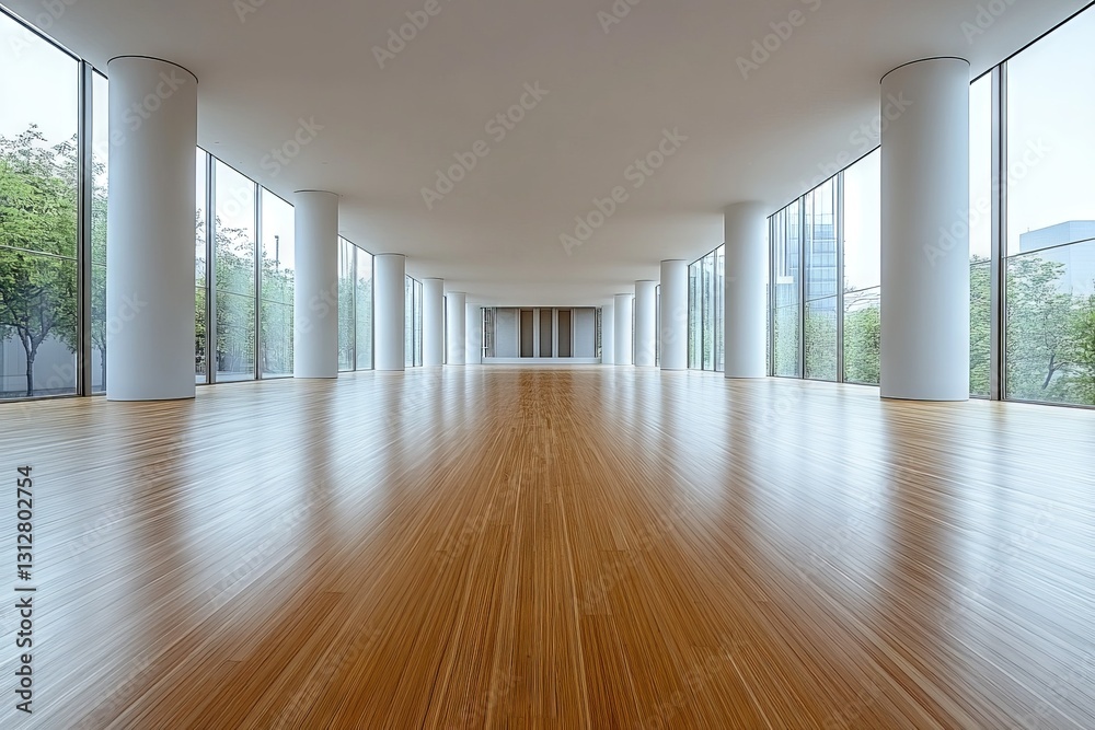 Obraz premium Bright and spacious modern interior of a minimalistic hall with large windows overlooking greenery