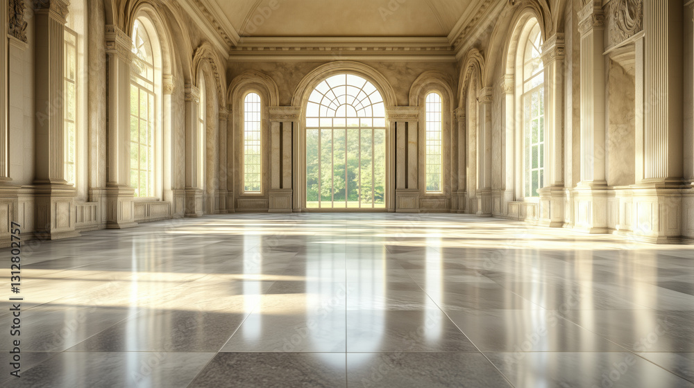 Elegant Marble Hall with Polished Floors, Intricate Stone Carvings, and Large Windows Opening to Outdoors, Providing a Timeless Backdrop for Text, copy space Elegant Marble Hall with Polished Floors, Intricate Stone Carvings, and Large Windows Opening to Outdoors, Providing a Timeless Backdrop for Text, copy space